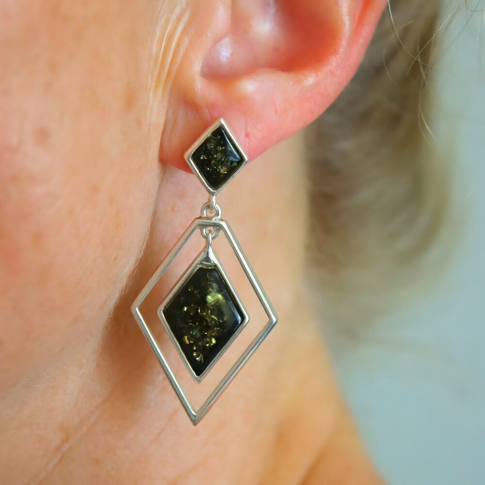 Baltic Green Amber Statement Earrings in Sterling Silver